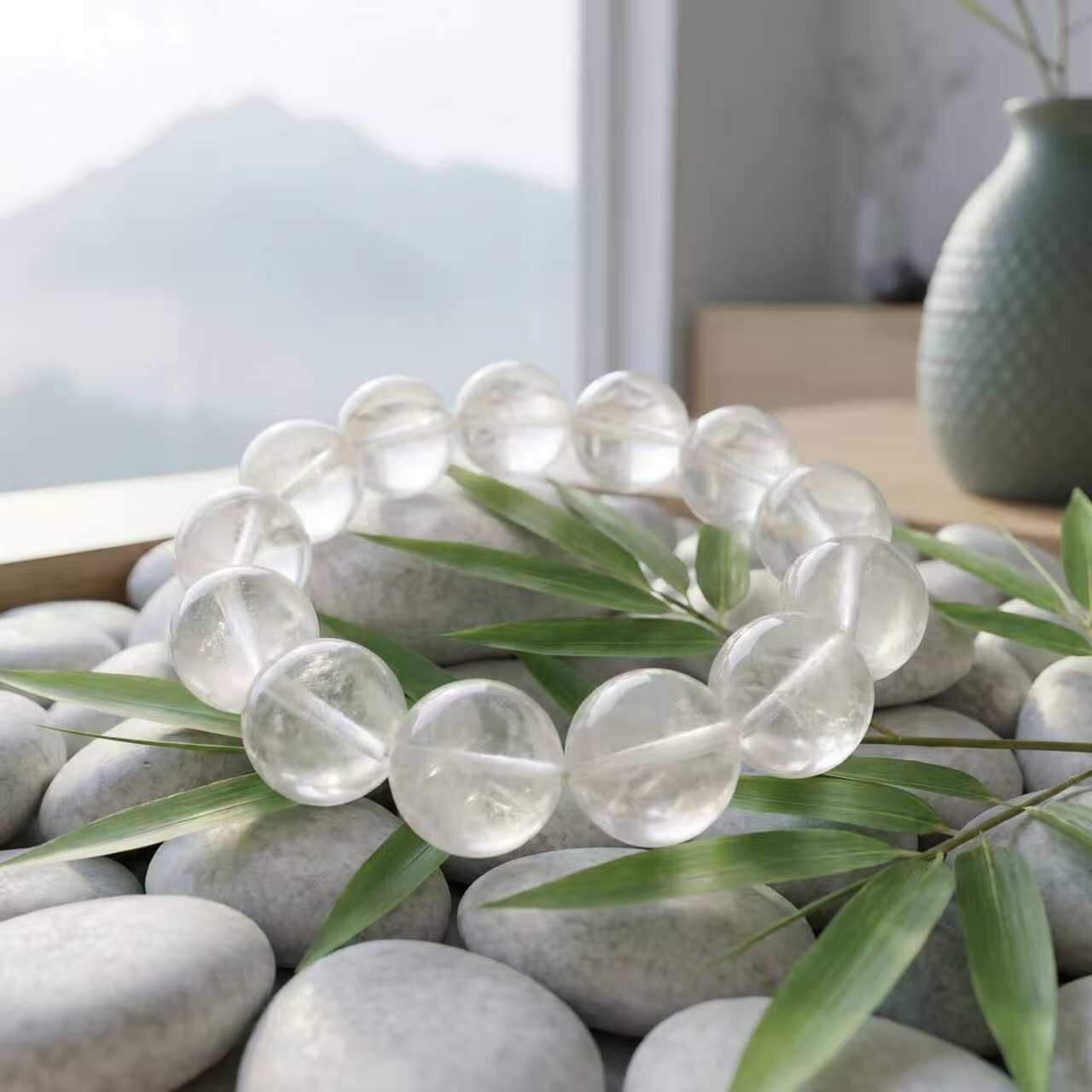 Milky white crystal beaded bracelet on a table